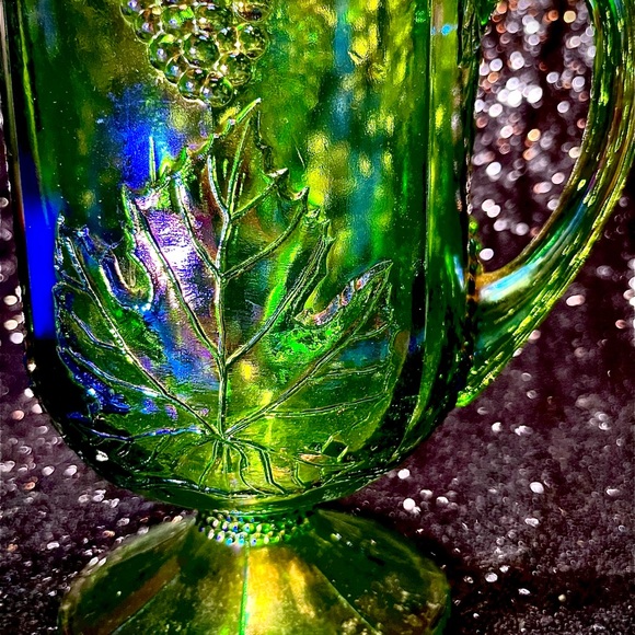 Vintage Carnival Glass Pitcher Harvesting EmeraldGreen to Blue Iridescent - Picture 2 of 12